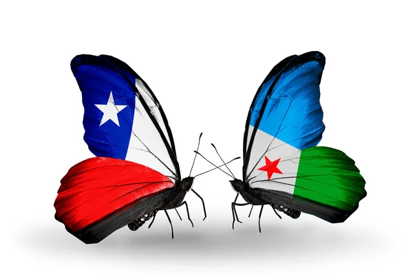 Mariposas con banderas de Chile y Yibuti — Foto de Stock