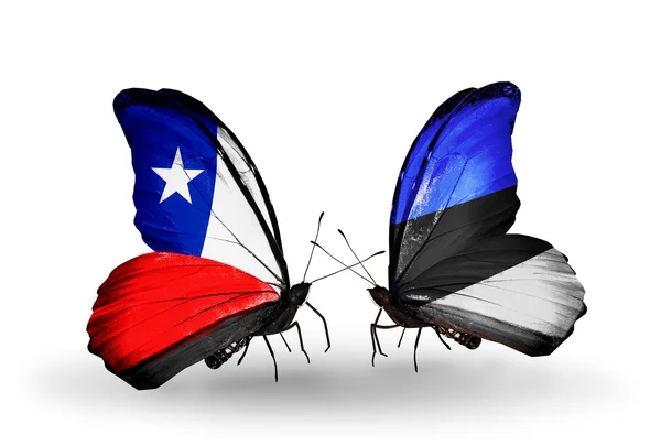 Butterflies with Chile and Estonia flags — Stock Photo, Image