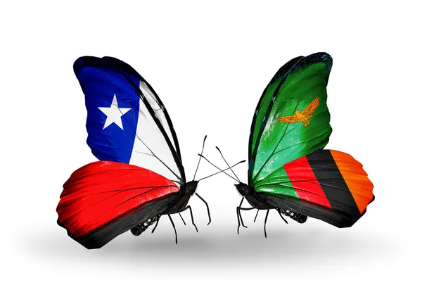 Mariposas con banderas de Chile y Zambia — Foto de Stock