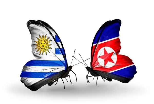 Butterflies with Uruguay and North Korea flags — Stock Photo, Image