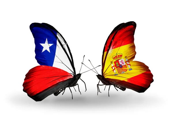 Butterflies with Chile and Spain flags — Stock Photo, Image