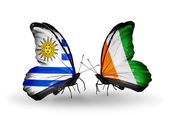 Farfalle con bandiere Uruguay e Costa Divoire — Foto Stock