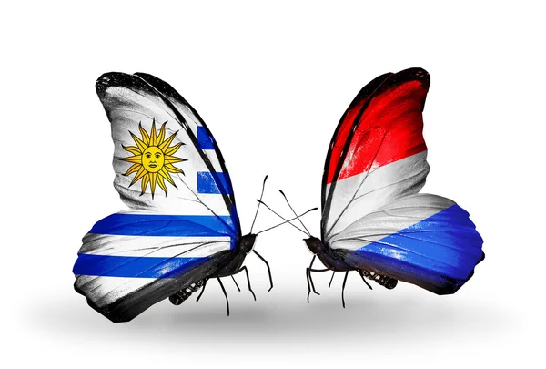 Kelebekler uruguay ve Lüksemburg bayrağı ile — Stok fotoğraf