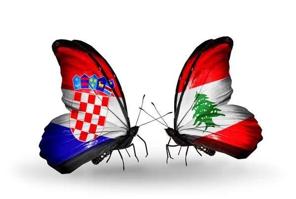 Butterflies with Croatia and Lebanon flags — Stock Photo, Image