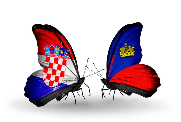 Butterflies with Croatia and Liechtenstein flags — Stock Photo, Image