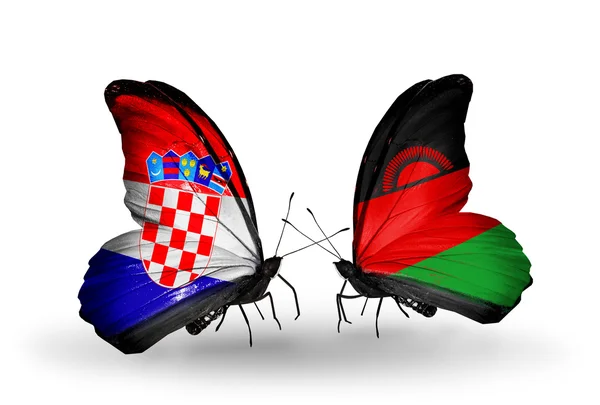 Butterflies with  Croatia and Malawi flags — Stock Photo, Image