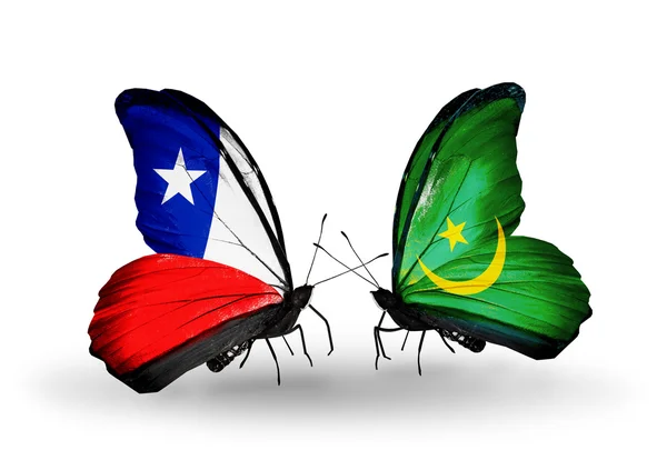 Butterflies with Chile and Mauritania flags — Stock Photo, Image