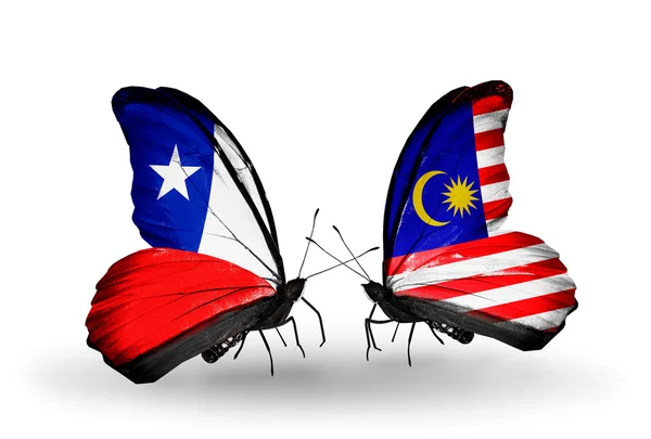 Borboletas com bandeiras do Chile e da Malásia — Fotografia de Stock