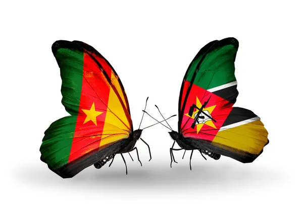 Butterflies with Cameroon and Mozambique flags — Stock Photo, Image