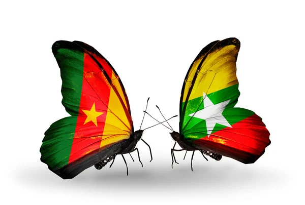 Butterflies with Cameroon and Myanmar flags — Stock Photo, Image