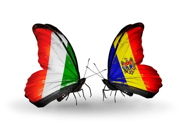 Butterflies with Cote Divoire and Moldova flags — Stock Photo, Image