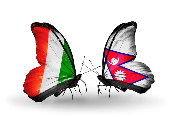 Farfalle con bandiera Cote Divoire e Nepal — Foto Stock