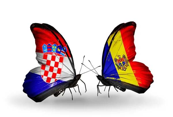 Horvátország és moldova zászlókkal pillangók — Stock Fotó