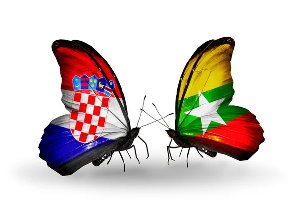 Butterflies with Croatia and Myanmar flags — Stock Photo, Image