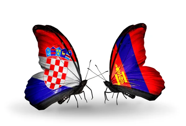 Butterflies with Croatia and Mongolia flags — Stock Photo, Image