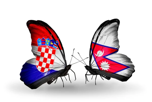 Butterflies with Croatia and Nepal flags — Stock Photo, Image