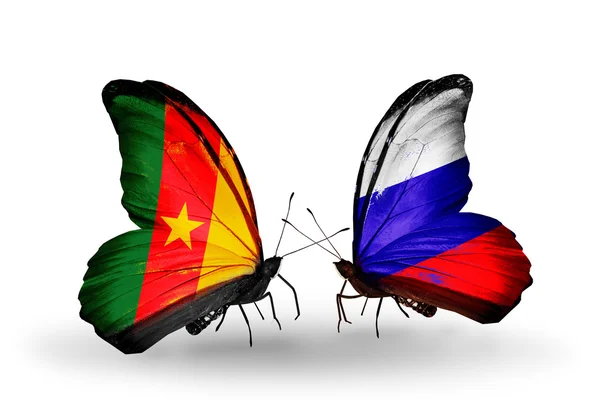 蝴蝶与喀麦隆和俄罗斯国旗 — 图库照片