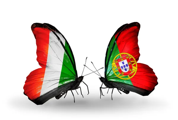 Butterflies with Cote Divoire and Portugal flags — Stock Photo, Image