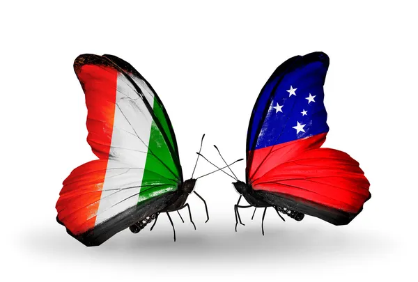 Butterflies with Cote Divoire and Samoa flags — Stock Photo, Image