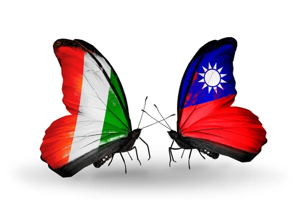 Butterflies with Cote Divoire and Taiwan flags — Stock Photo, Image