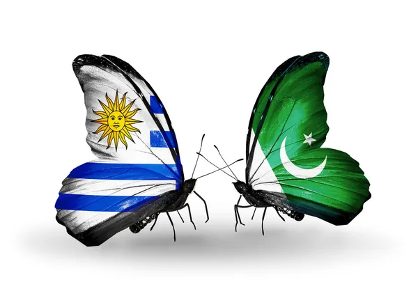 Butterflies with Uruguay and Pakistan flags — Stock Photo, Image
