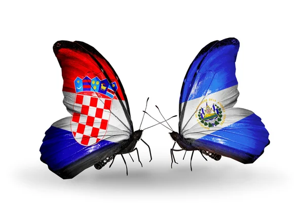 Butterflies with Croatia and Salvador flags — Stock Photo, Image