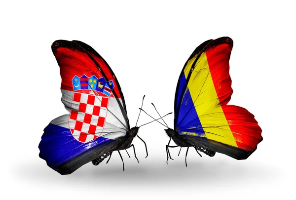 Horvátország és Csád, Románia zászlók pillangók — Stock Fotó