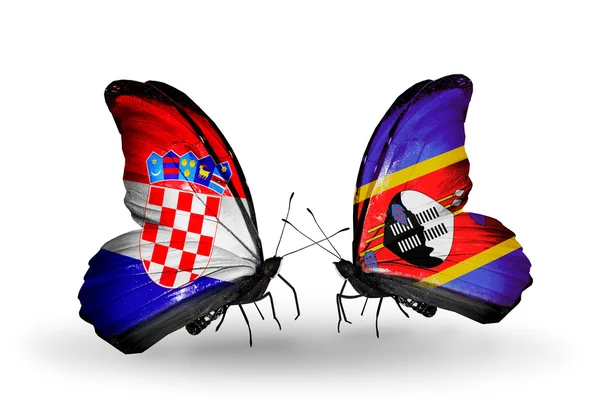 Butterflies with Croatia and Swaziland flags — Stock Photo, Image