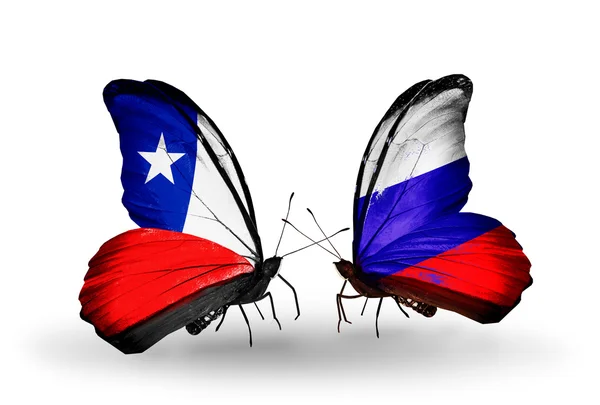 Butterflies with Chile and Russia flags — Stock Photo, Image