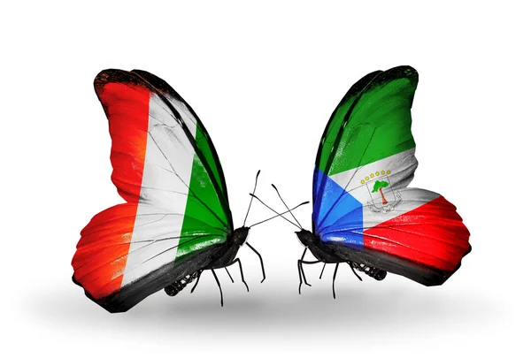 Butterflies with Cote Divoire and Equatorial Guinea flags — Stock Photo, Image