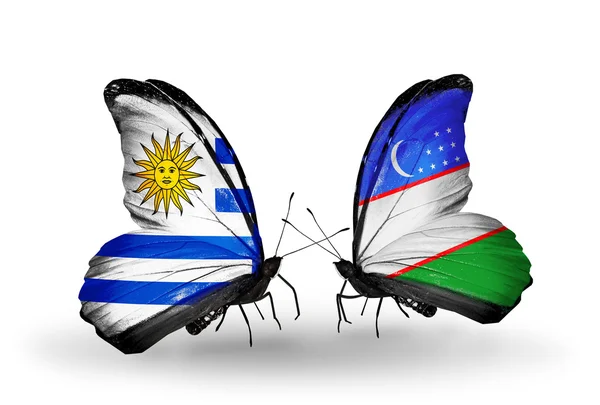 Farfalle con bandiere Uruguay e Uzbekistan — Foto Stock