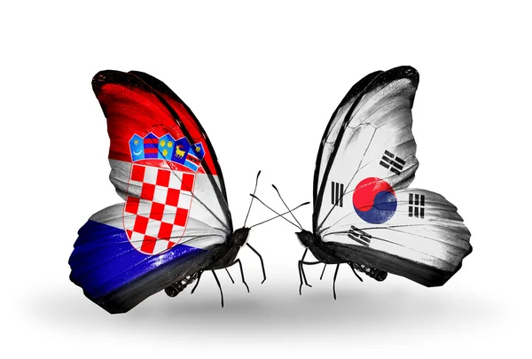 Butterflies with Croatia and South Korea flags — Stock Photo, Image