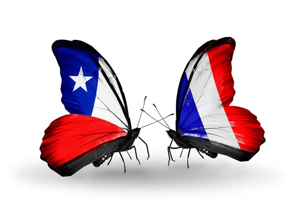 Mariposas con banderas de Chile y Francia — Foto de Stock