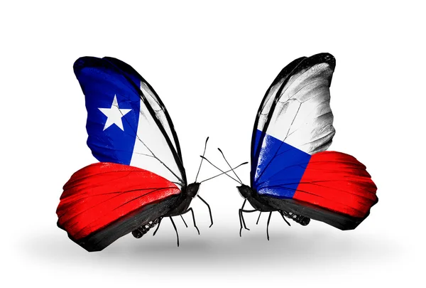 蝴蝶与智利和捷克国旗 — 图库照片