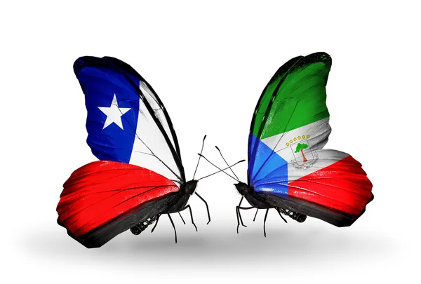 Butterflies with Chile and Equatorial Guinea flags — Stock Photo, Image