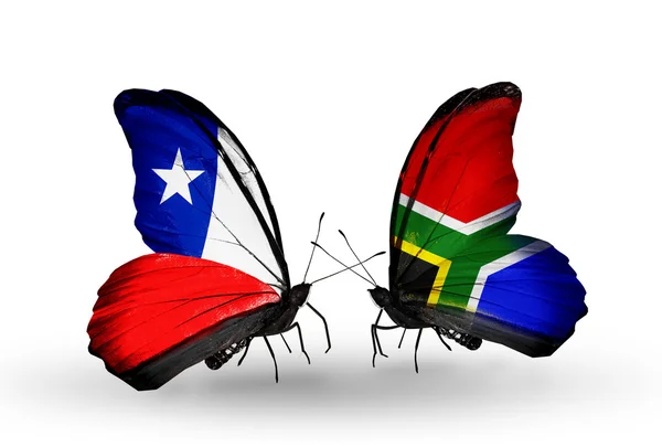 Butterflies with Chile and South Africa flags — Stock Photo, Image