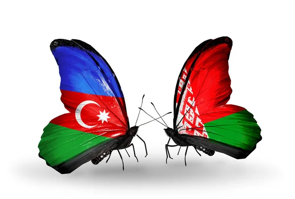 Butterflies with Azerbaijan and Belarus flags on wings — Stock Photo, Image