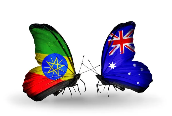 Borboletas com bandeiras da Etiópia e Austrália em asas — Fotografia de Stock