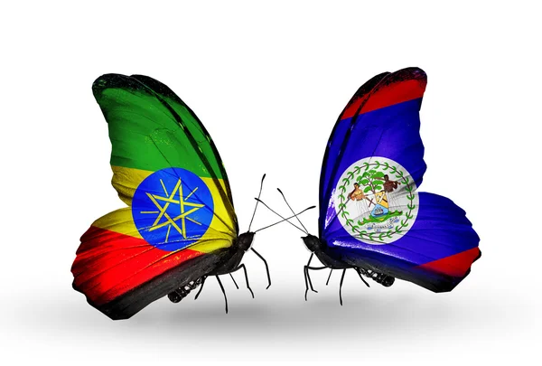 Butterflies with Ethiopia and Belize flags on wings — Stock Photo, Image