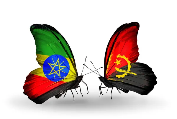 Motyle z flagi Etiopii i Angoli na skrzydłach — Zdjęcie stockowe