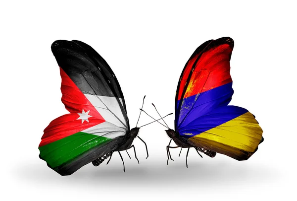 Butterflies with Jordan and Armenia flags on wings — Stock Photo, Image