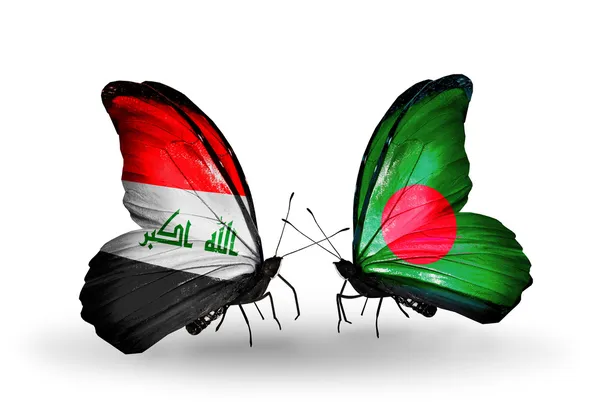 Borboletas com bandeiras do Iraque e Bangladesh em asas — Fotografia de Stock