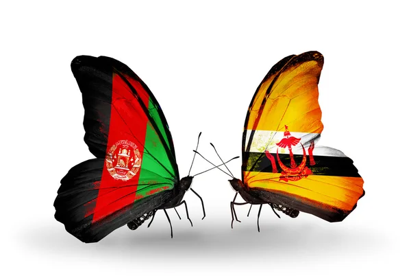 Butterflies with Afghanistan and  Brunei flags — Stock Photo, Image