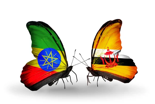 Papillons avec drapeaux Ethiopie et Brunei — Photo