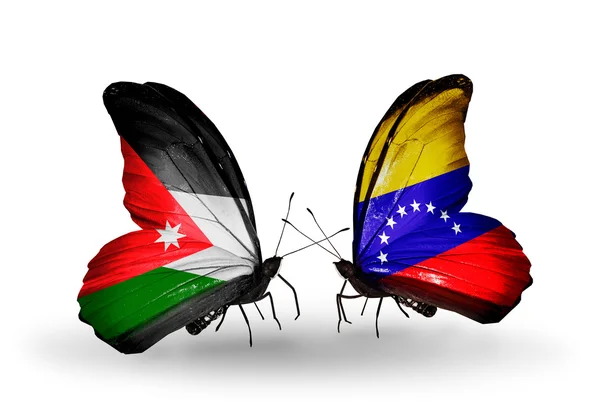 Mariposas con banderas de Jordania y Venezuela — Foto de Stock