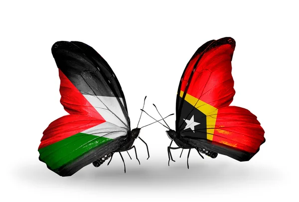 Fjärilar med Palestina och east timor flaggor — Stockfoto