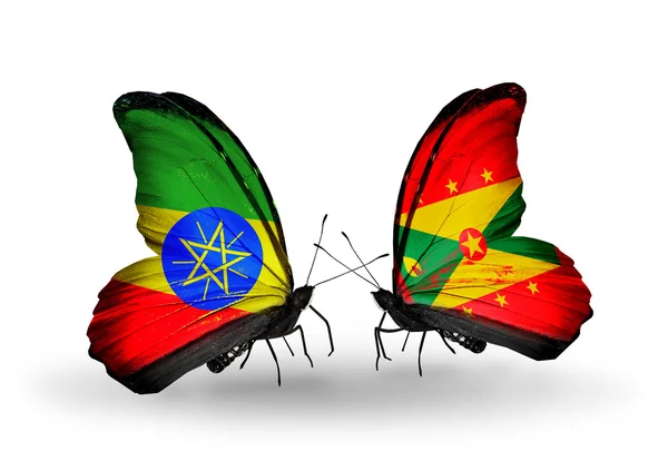 Butterflies with Ethiopia and Grenada flags — Stock Photo, Image