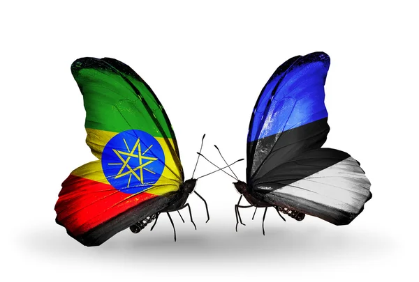 Butterflies with Ethiopia and Estonia flags — Stock Photo, Image