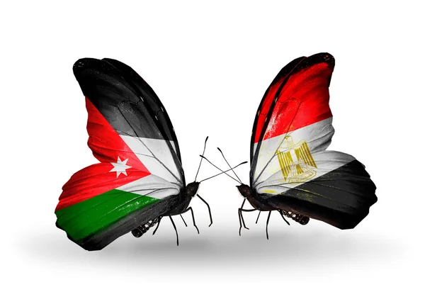 Borboletas com bandeiras da Jordânia e do Egito — Fotografia de Stock