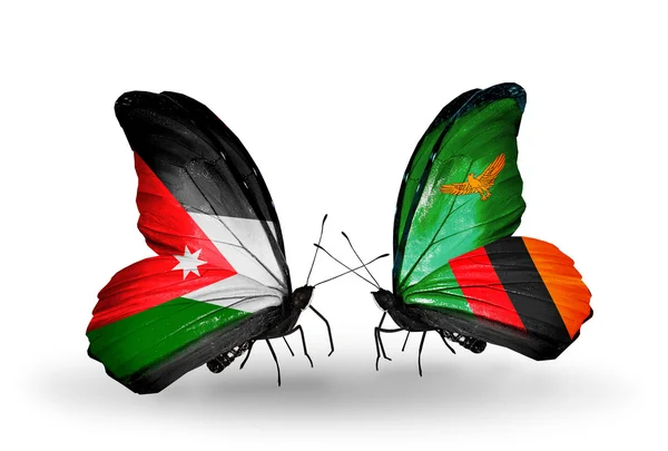 Mariposas con banderas de Jordania y Zambia — Foto de Stock